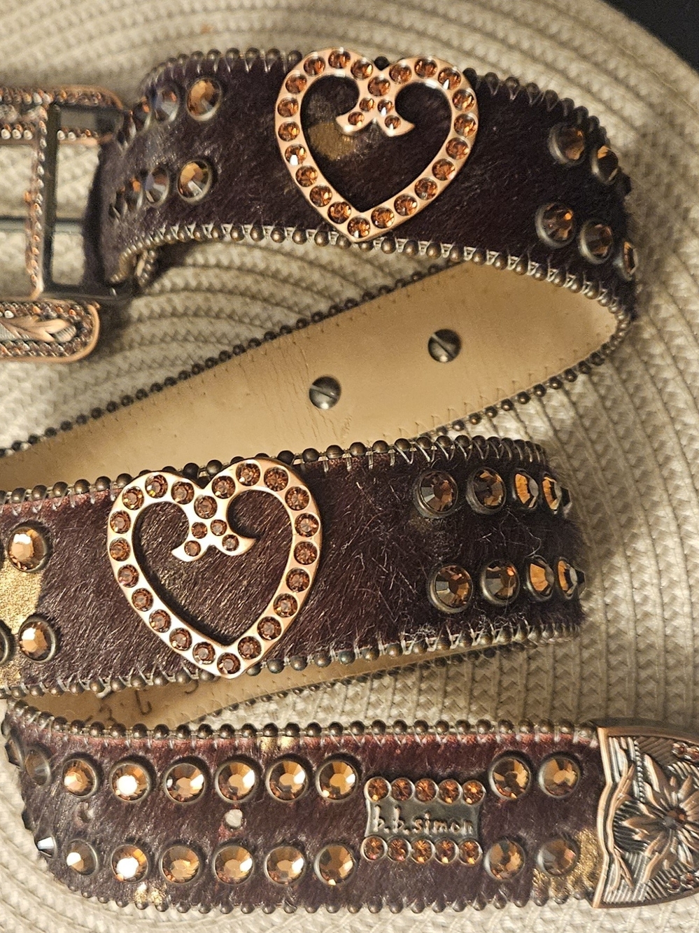 B.B. Simon Crystal Heart Hair-on-Hide Belt